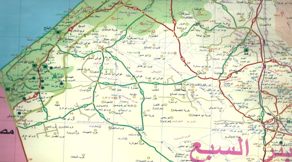 Map used for research by Adania Shibli depicting Gaza and the southern border with Egypt