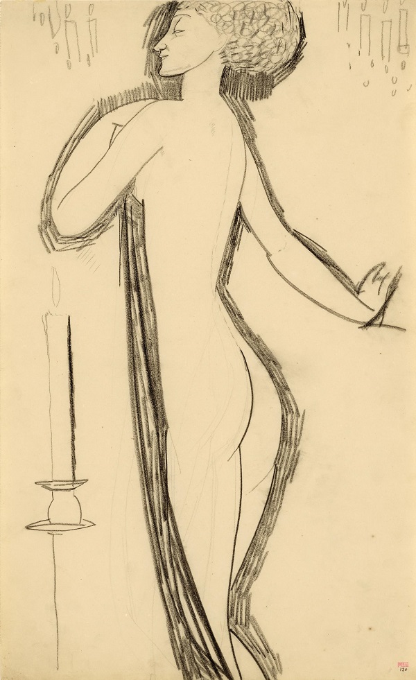 Amedeo Modigliani, Standing Nude in Profile with Lighted Candle, c1911, black crayon, Courtesy: Richard Nathanson, London