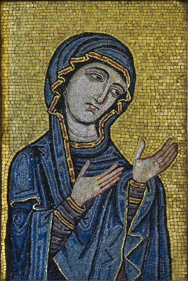 Byzantine-style mosaic showing the Virgin as Advocate for the Human Race. Kept at Museo Diocesano di Palermo, originally from Palermo Cathedral, c.1130-1180 AD. Museo Diocesano di Palermo 