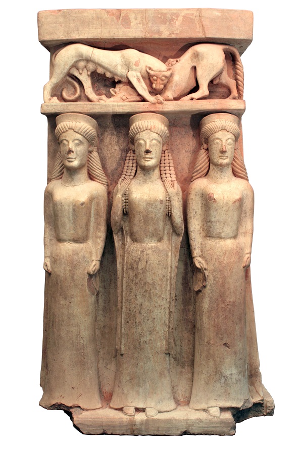 Terracotta altar with three women and a panther mauling a bull. Gela, Sicily. C.500 BC.  Museo Archeologico Regionale di Gela © Regione Siciliana