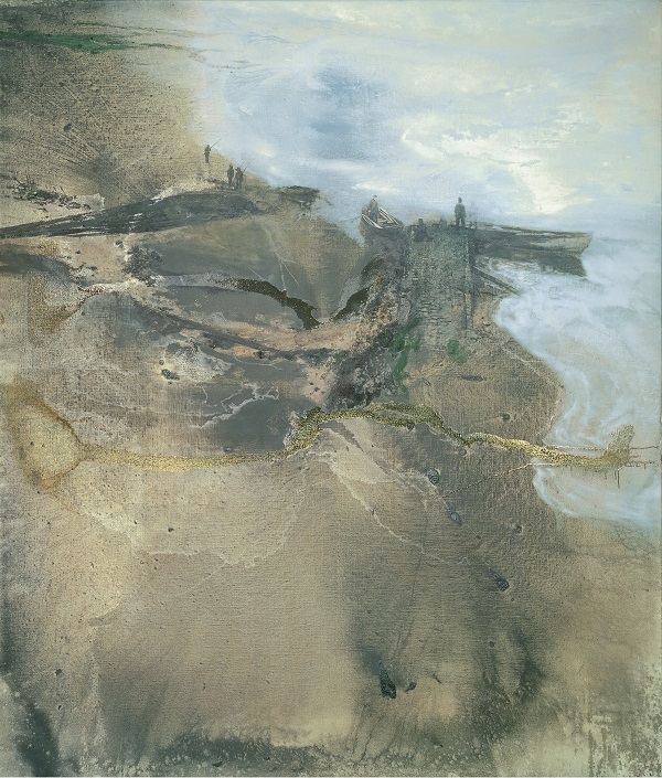 MICHAEL ANDREWS Thames Painting: The Estuary,  1994 - 1995 Oil and mixed media on canvas 86 9/16 x 74 7/16 inches 219.8 x 189.1 cm Collection of Pallant House Gallery © The Estate of Michael Andrews. Courtesy James Hyman Gallery, London.  Photo: Mike Bruce/Gagosian