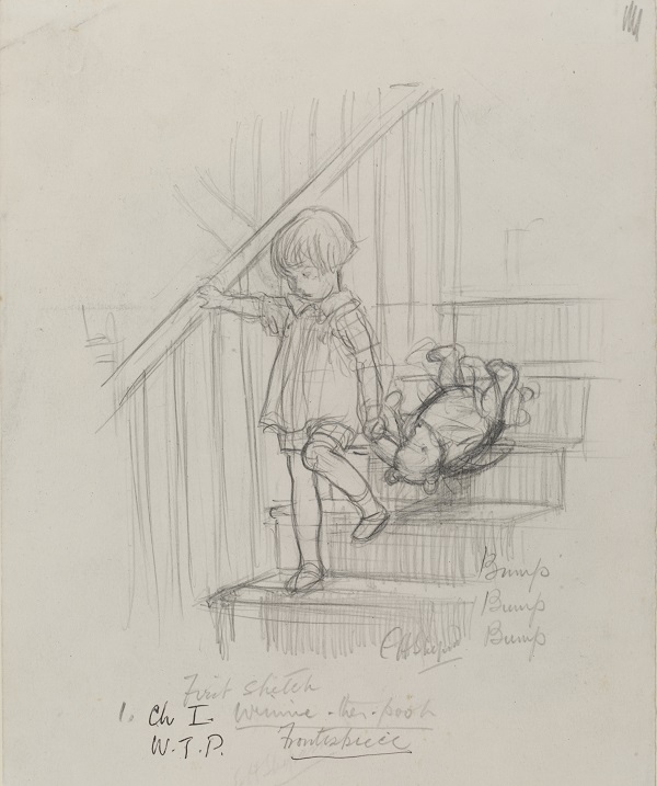 'Bump, bump, bump', Winnie - the - Pooh chapter 1,  pencil drawing by E. H.  Shephard, 1926. © The Shepard Trust, reproduced with permission from Curtis Brown  