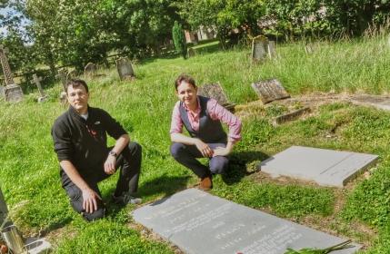 Countertenors Andreas Scholl and Iestyn Davies at the grave of Alfred Deller, Britten's first Oberon
