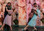 Susanne Dymott and Jenny Stafford, as stepsister Tisbe's Tisbe, have a ball with Nicholas Merryweather's Alidor and Benjamin Durrant's Dandini