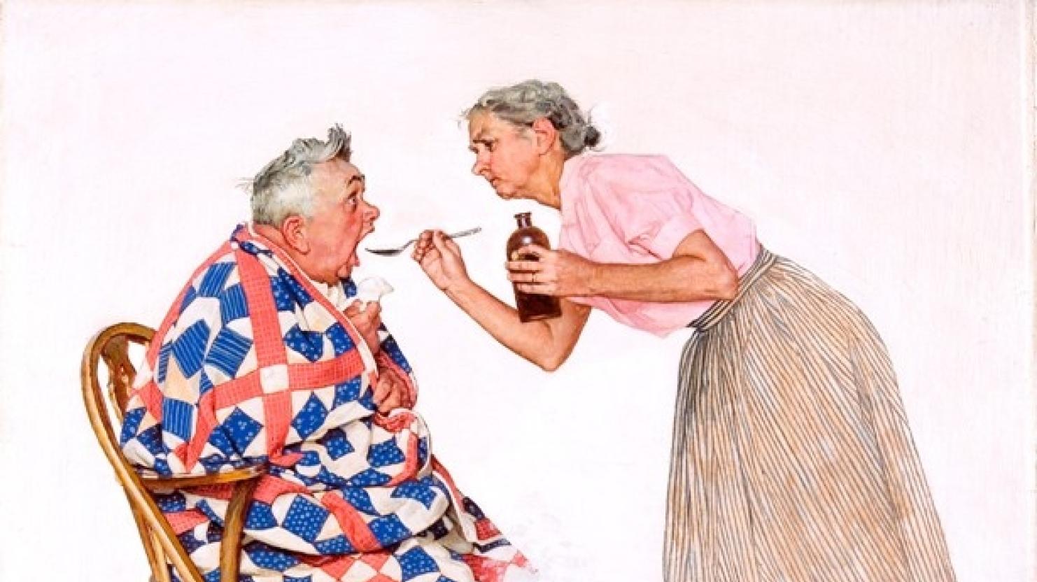 'Tender Years - Treating a Cold', 1957 is typical of Norman Rockwell's gentle humour 