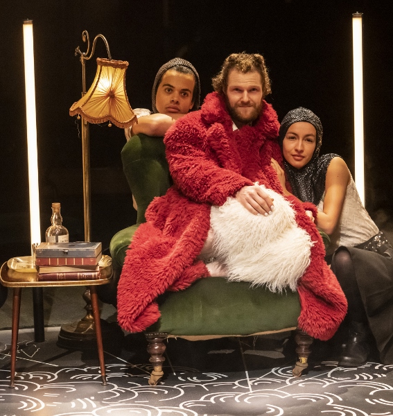 THE STRANGE UNDOING OF PRUDENCIA HART L-R , Lawrence Hodgson- Mullings,Amelia Isaac Jones. C-Paul Tinto (Devil)  image Johan Persson