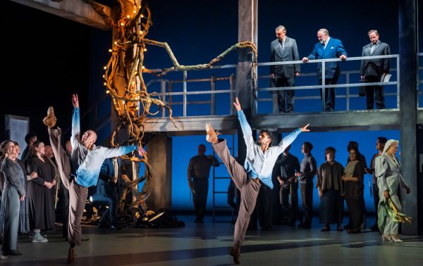 Dylan Springer and Teige Bisnought from Phoenix Dance Theatre with Opera North's Chorus,  Karl Huml as Second Elder, Matthew Brook as Chelsias and Colin Judson as First Elder. cr Tristram Kenton