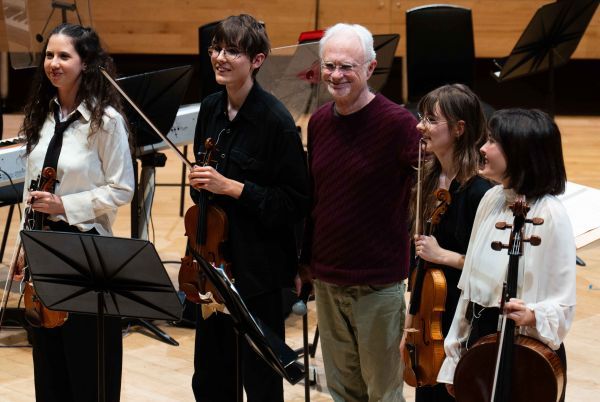 John Adams with Tako Tkabladze, Joe Steel, Emily O'Dell and Lola Garcia Marquez of the Emerz Collective cr David Hughes The Hallé