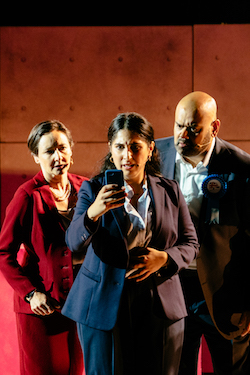 Pandora Colin as Eurydice, Shazia Nicholls as Ismene and Tony Jayawardena as Creon