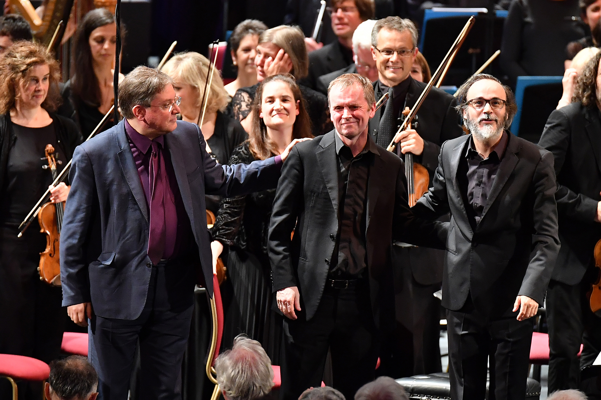 Julian Anderson, Steven Osborne and Ilan Volkov after the premiere of The Imaginary Museum at the BBC Proms