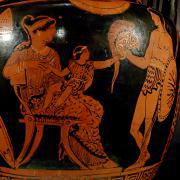 Hector's farewell to Andromache and Astyanax (Apulian red-figure column-crater, ca. 370–360 BC)