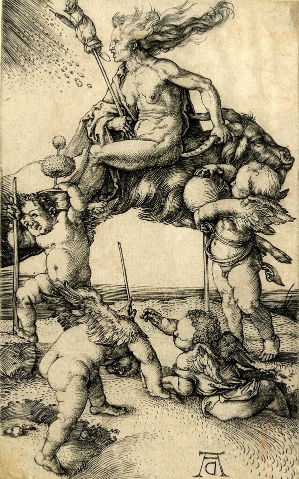 Albrecht Dürer, A witch riding backwards on a goat, with four putti, two carrying an alchemist's pot, a thorn apple plant, c.1500,  Engraving © The Trustees of the British Museum  