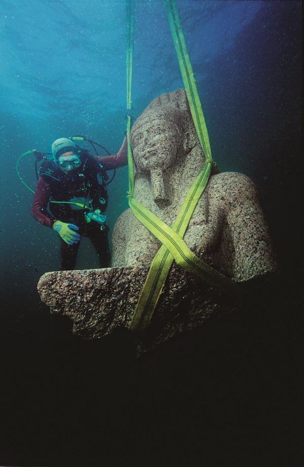 Colossal statue of god Hapy being lifted from the water, Thonis-Heracleion, Aboukir Bay, Egypt, 4th century BC
