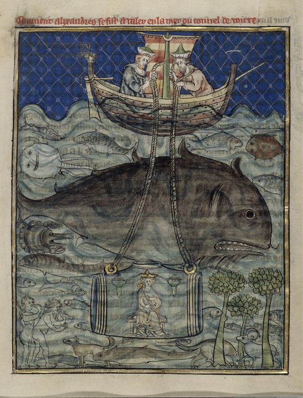 Alexander the Great visits the bottom of the sea in a diving-bell (in the Romance of Alexander), Northern France, around 1290–1300 book illumination and gold on parchment, 26,0 x 18,8 cm © Staatliche Museen zu Berlin, Kupferstichkabinett / Jörg P. Anders