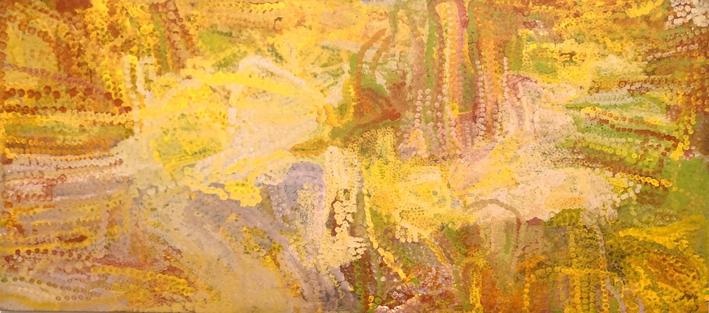 Emily Kam Kngwarray Mern angerr 1992 acrylic on canvas 121x303.5 cms