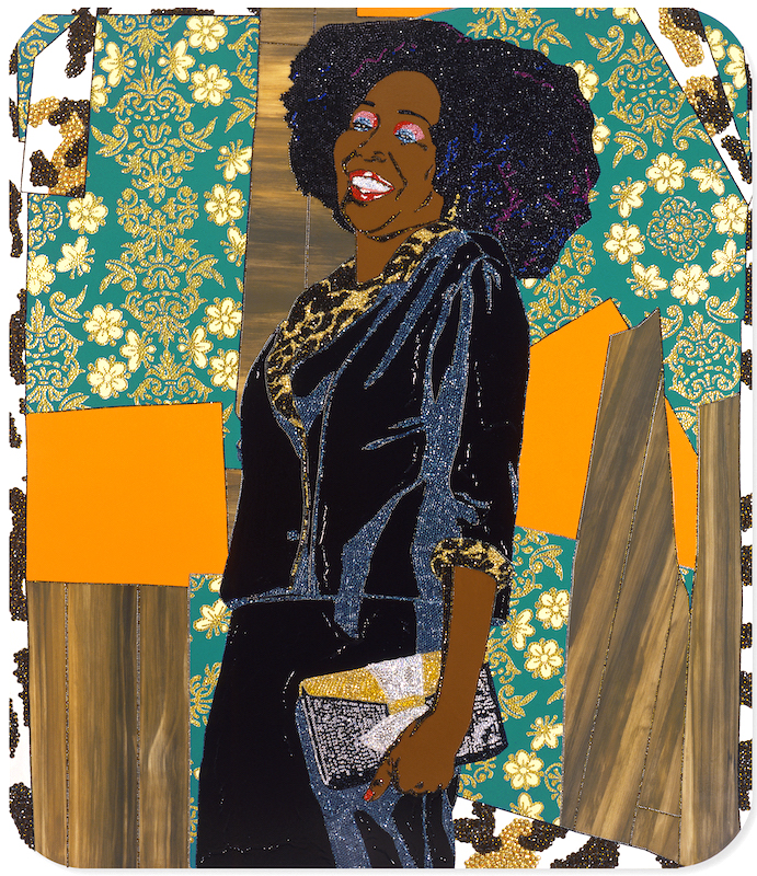 Mickalene Thomas, Mama Bush: (Your Love Keeps Lifting Me) Higher and Higher, 2009, Rhinestones, acrylic, and enamel on wood panel, 82 x 72 in (208.3 x 182.9 cm) © Mickalene Thomas