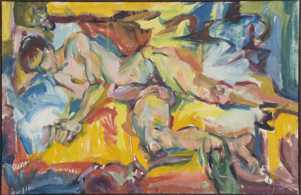 Personae: J.T. and Three Kitchs, 1957 Oil on canvas 80.6 × 123.2 cm Courtesy of the Carolee Schneemann Foundation and Galerie Lelong & Co., Hales Gallery, and P.P.O.W, New York and © Carolee Schneemann Foundation / ARS, New York and DACS, London 2022