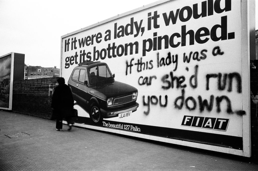 Jill Posener, Fiat Ad, London, 1979, reprinted 2023. Courtesy of the artist