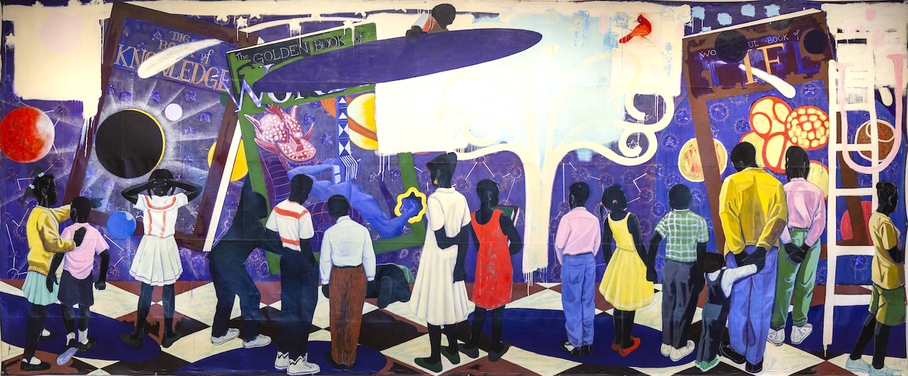 Kerry James Marshall, Knowledge and Wonder, 1995. Oil on canvas, 294.6 x 698.5 cm. City of Chicago Public Art Program and the Chicago Public Library, Legler Regional Library © Kerry James Marshall. Photo: Patrick L. Pyszka, City of Chicago