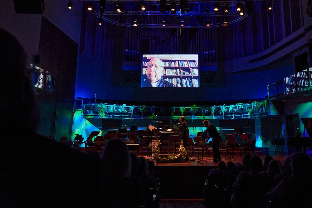 Neeme Jarvi on screen at the Parnu Music Festival