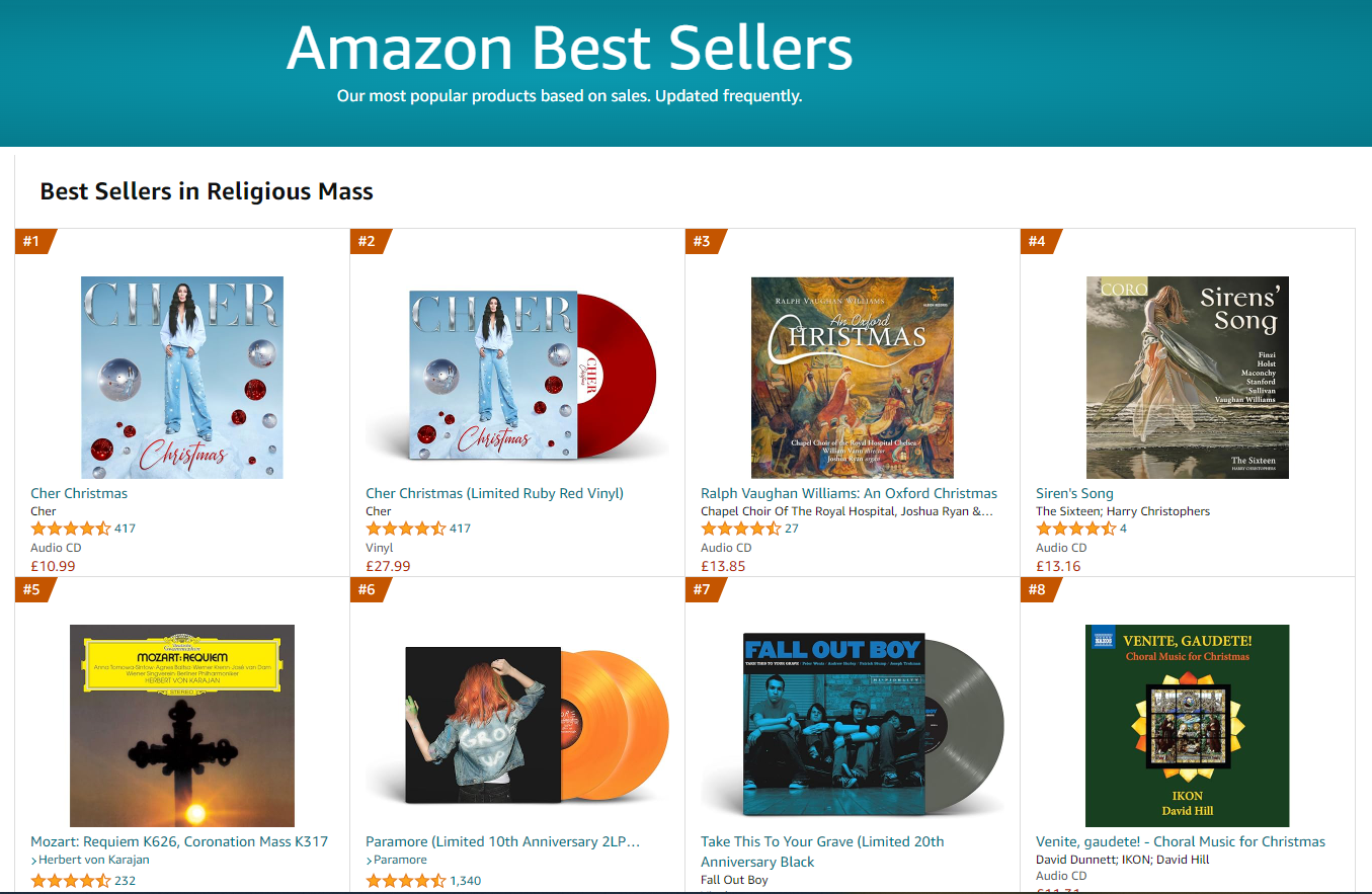 Cher's Christmas is No.1 in Amazon's Religious Mass category
