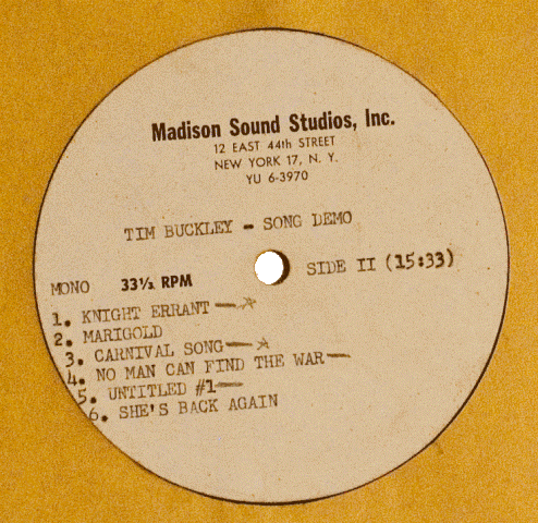 Tim Buckley Lady Give Me Your Key 1967 Acetate label