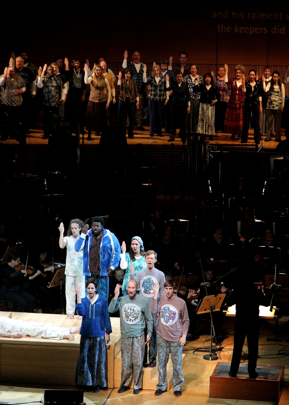 Chorus, orchestra and soloists in Peter Sellars's production of Adams's The Gospel According to the Other Mary