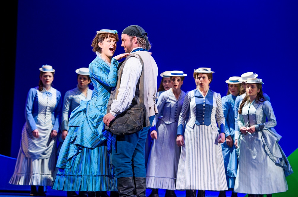 Claudia Boyle (Mabel) and Frederic (Robert Murray) declare their love before her sisters in ENO Pirates of Penzance