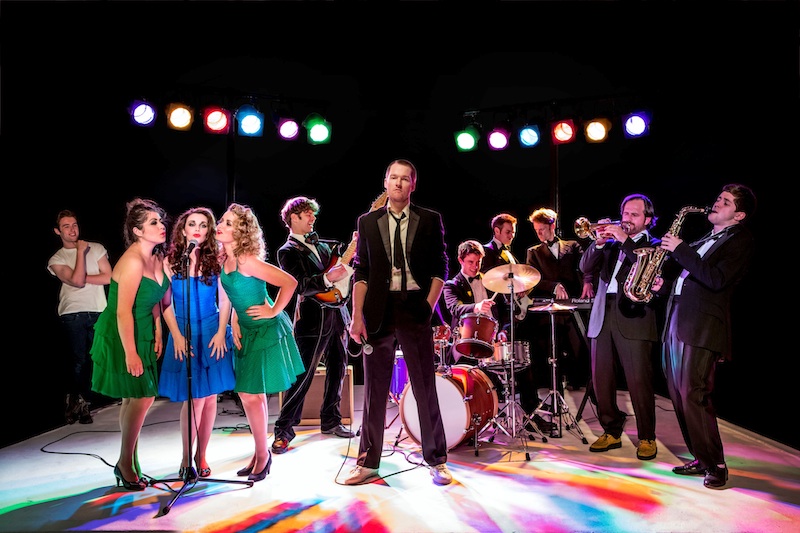 The Commitments Band: Denis Grindel (far left), with Jessica Cervi, Sarah O’Connor and Steph McKeon as the backing vocalists, and Killian Donnelly (centre)