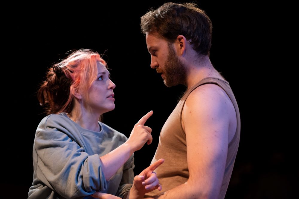 Kristin Atherton (L) and Ben Lamb in 'How To Survive An Apocalypse' at the Finborough Theatre