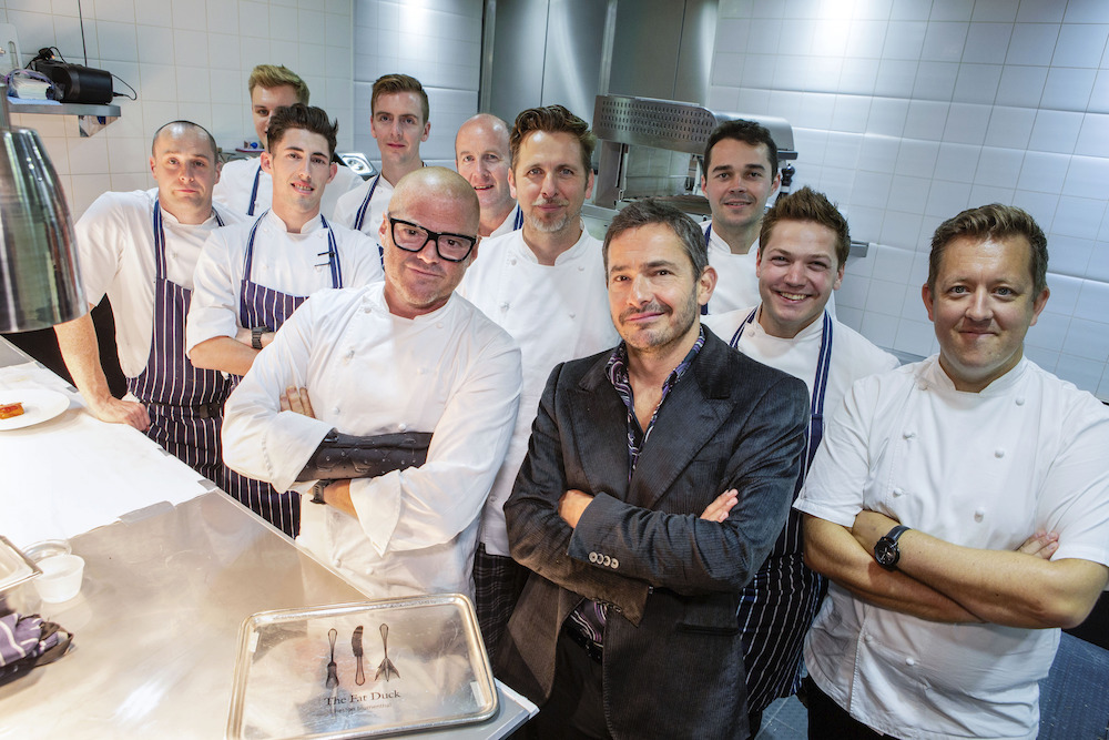 Heston Blumenthal, Giles Coren and chefs in The Fat Duck kitchen