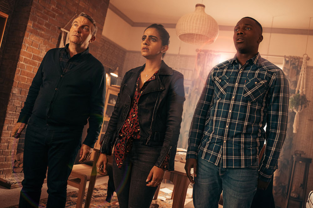 L-R: Bradley Walsh, Mandip Gill and Tosin Cole in Revolution of the Daleks