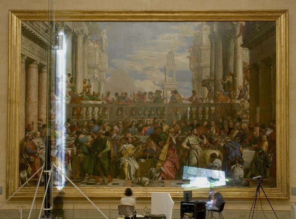 Recording Veronese’s Wedding at Cana in the Musée du Louvre using Factum Arte’s specially made scanner and a white light scanning system. The recording was done at night and took 5 weeks Photo ©: Factum Arte/Gregoire Dupond 