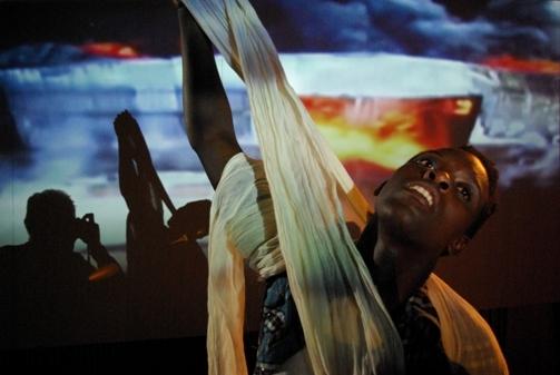 Anna-Maria Nabirye taking on the role of the bombed Gaza warehouse