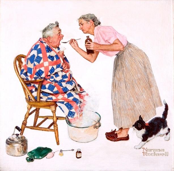 'Tender Years - Treating a Cold', 1957 is typical of Norman Rockwell's gentle humour 