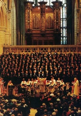 Gloucester Cathedral, stage for Elgar's 'The Kingdom': 'glorious orchestral sonorities echoing round the huge Norman columns'