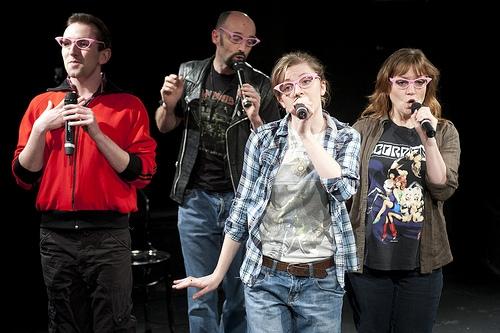 'The Monster in the Hall': 'The play is performed by four actors, who also form a sort of Greek chorus made flesh as a 1960s girls group, The Fabulous Duckettes'