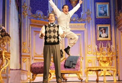 Yes he can: Damian Humbley's Max Garber finds the tenor within while Michael Matus's Tito Merelli leaps for joy