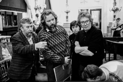 Harrison Birtwistle, John Tomlinson, designer Alison Chitty and librettist David Harsent during discussions about 'Gawain', 1991