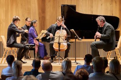 Three British musicians and an Estonian play Messiaen at the Arvo Pärt Centre outside Tallinn, July 2020: violinist Timothy Crawford, pianist and originator of this article Sophia Rahman (who was able to put this together at short notice last summer, but couldn't do so now), cellist Marcel Johannes Kits and clarinettist Matthew Hunt