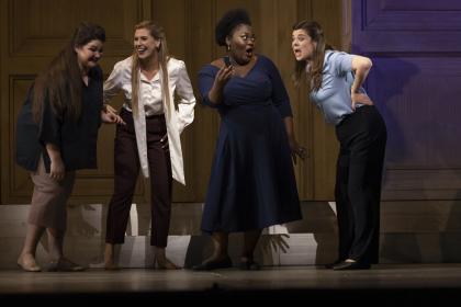 Witty young women of Windsor: Kseniia Nikolaieva, Alexandra Lowe, Masabane Cecilia Rangwanash and Stephanie Wake-Edwards in Act One Scene Two of Verdi's 'Falstaff'