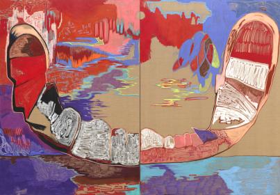 Gated Canyons, 2024 by Rachel Jones. Oil stick and oil pastel on linen