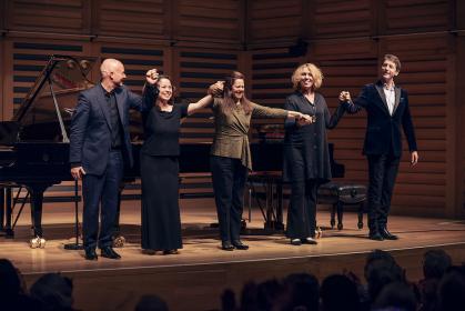 Charles Owen, Katya Apekisheva, Kathryn Stott, Gabriela Montero and Finghin Collins at the end of the Two-Piano Gala
