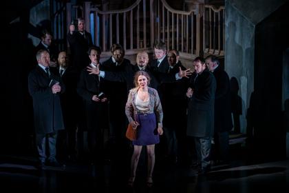 Sydney Mancasola as Bess, crushed by the Hebridean patriarchy (Freddie Tong centre as Councilman)