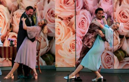 Susanne Dymott and Jenny Stafford, as stepsister Tisbe's Tisbe, have a ball with Nicholas Merryweather's Alidor and Benjamin Durrant's Dandini