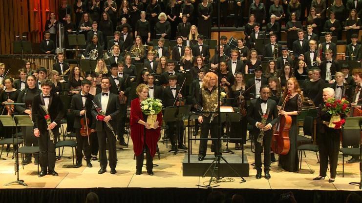 The LSSO and Chorus with (left to right) Tom Mole, Collin Shay, Janet Suzman, Sian Edwards, Brenton Spiteri and Fiona Kimm