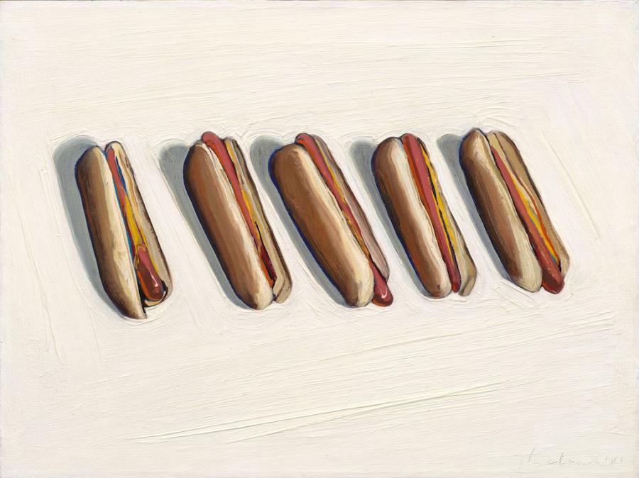 Wayne Thiebaud, Five Hot Dogs, 1961, Oil on canvas, 45.72 x 61cm, Private Collection. © Wayne Thiebaud/VAGA at ARS, NY and DACS, London 2025. Image credit: John Janca