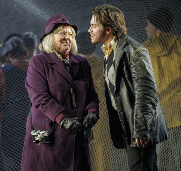 Claire Pascoe as Mrs Sedley and Johannes Moore as Ned Keene in Opera North's production of Peter Grimes cr James Glossop