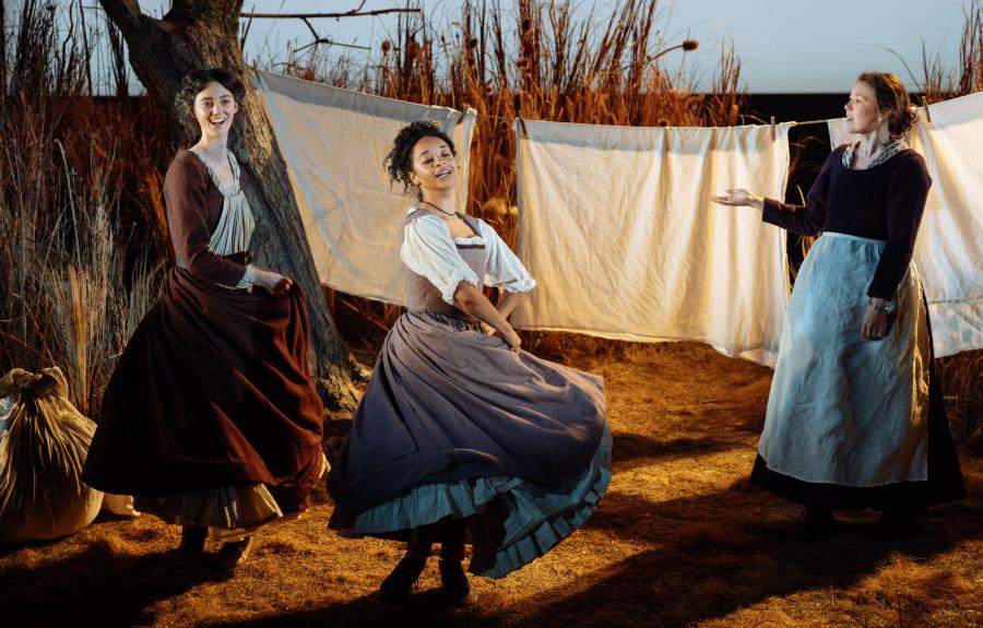 Tanya reynolds as Mariella, Siena Kelly as Anna, Liv Hill as Jane in 1536