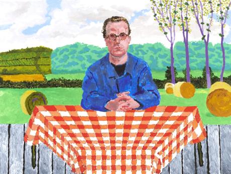 David Hockney, Jack Ransome Resting on an Orange and White Checkered Tablecloth, 2025. Acrylic on canvas, 36 x 48 in. (91.4 x 121.9 cm) © David Hockney. Photo: Prudence Cuming